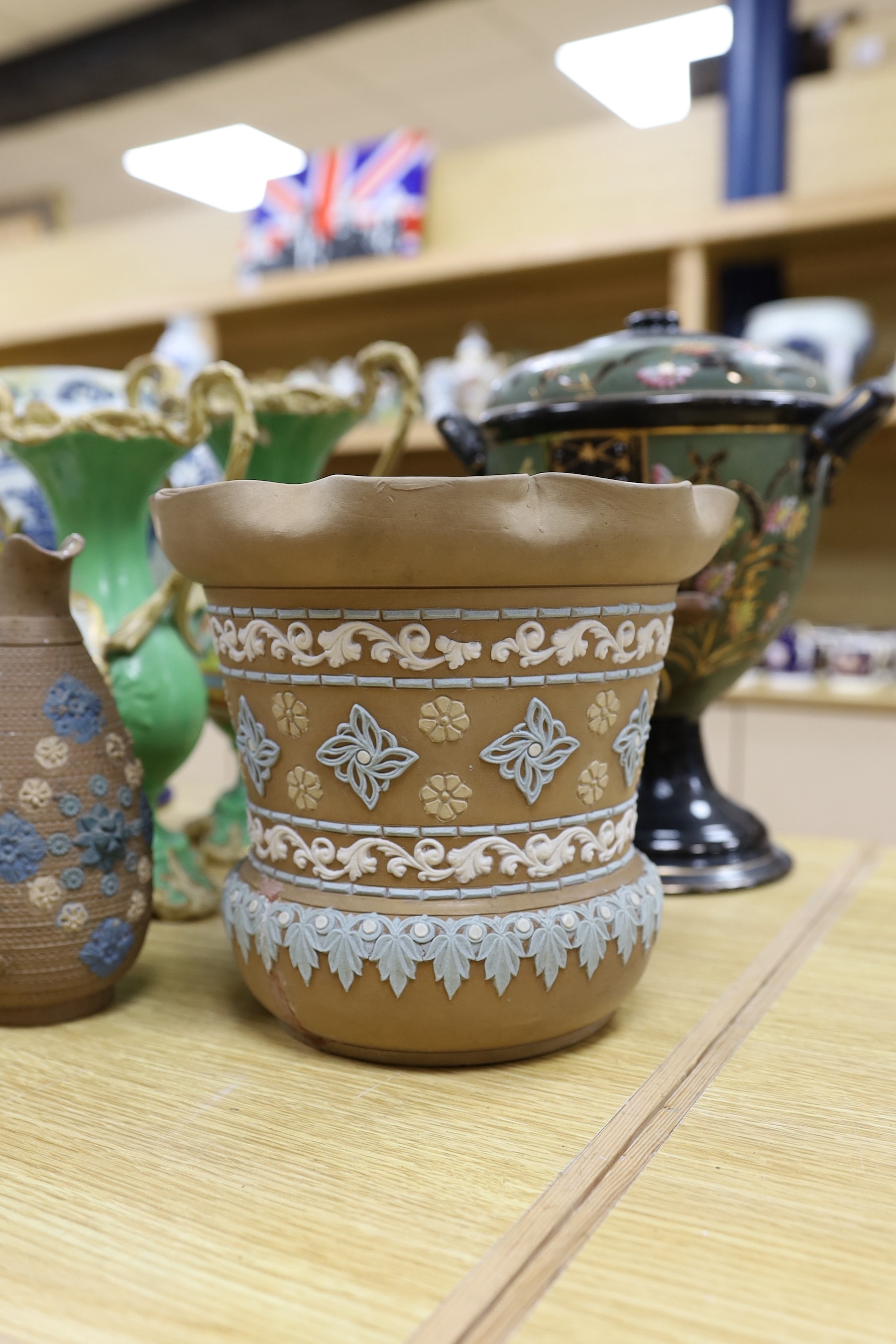 A quantity of earthenware to include Delft, tin glazed pottery, etc. and porcelain vases